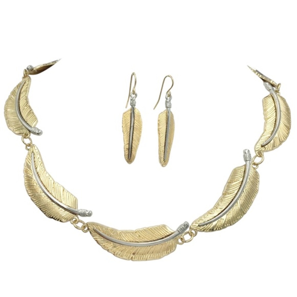 Gold Silver Leaf Statement Necklace Earrings Set